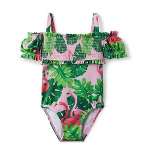 JANIE AND JACK | Tropical Flamingo Cold Shoulder Smocked Swimsuit w/ Headband.